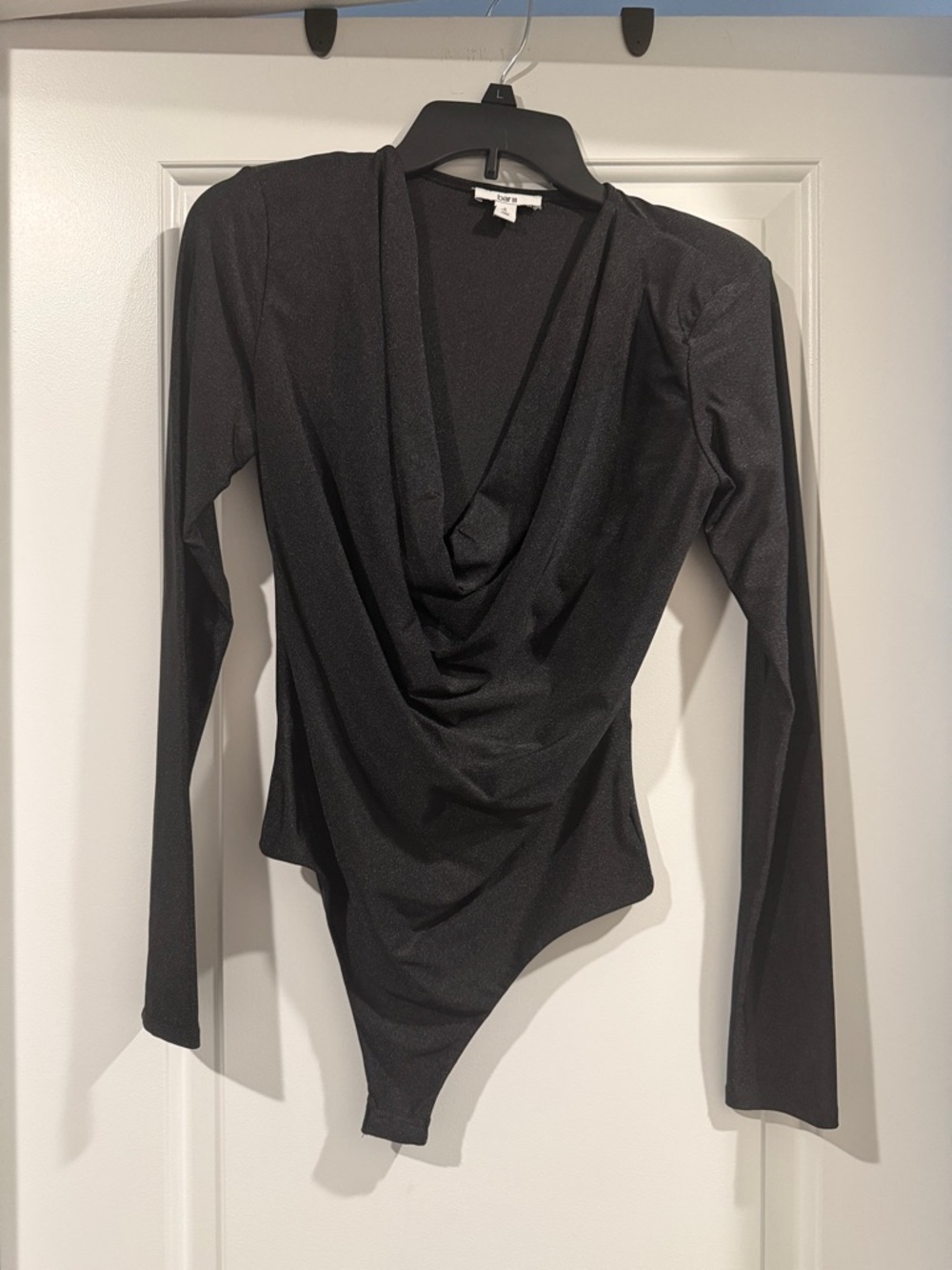 Bar III Black Draped Cowl Long-Sleeve Bodysuit